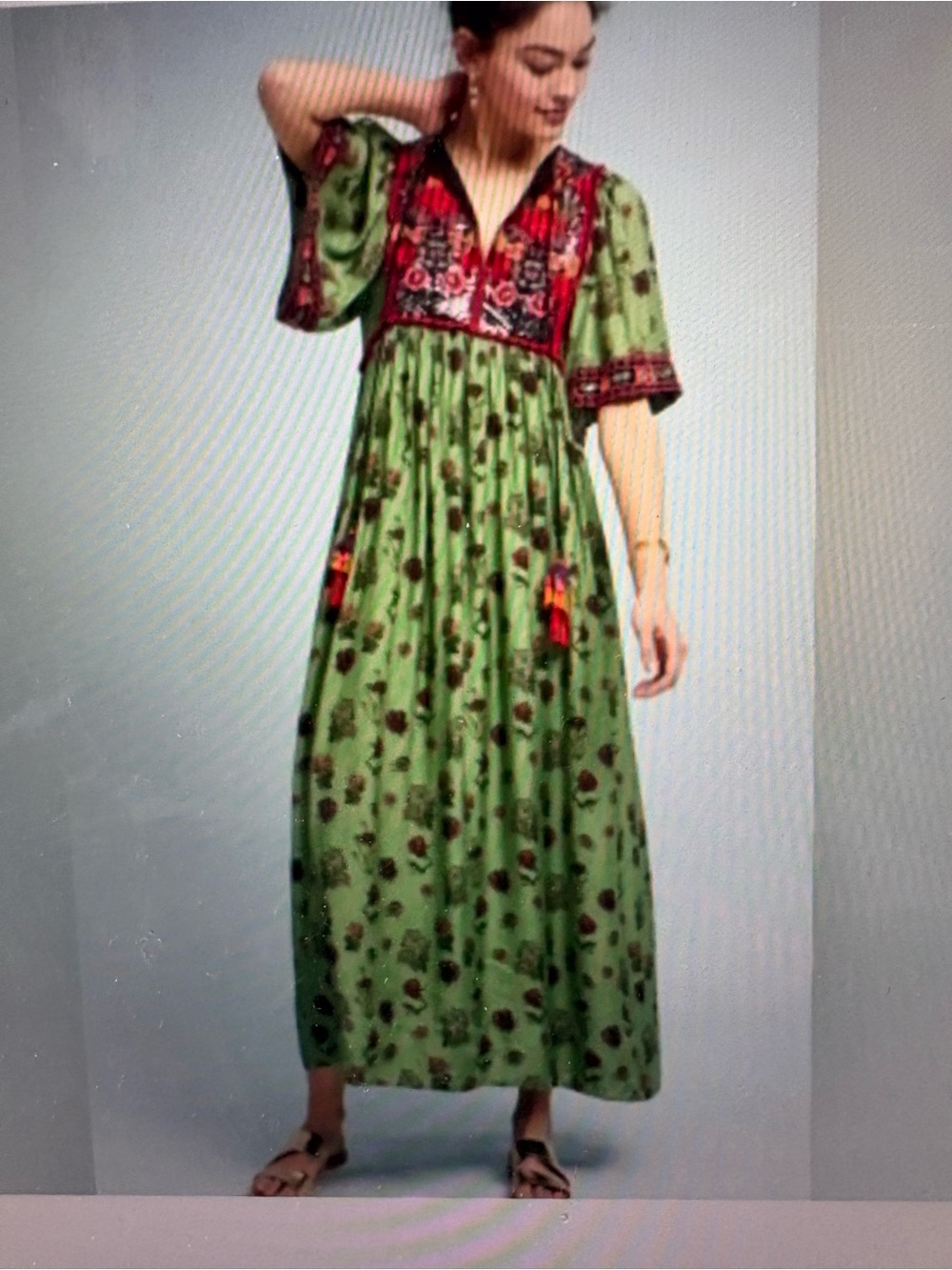 Anthropologie verb basil maxi Green Floral Maxi dress with Red  Embroidered Yoke